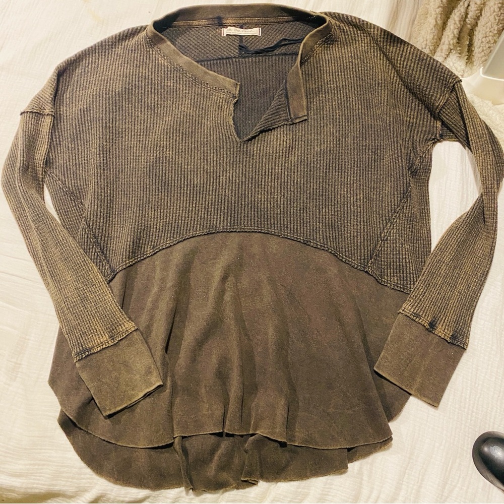 FREE PEOPLE monterey thermal long sleeve top shirt M we the free black brown - Picture 2 of 5